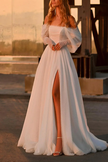 Off-Shoulder Tulle A-Line Beach Wedding Dress With Slit