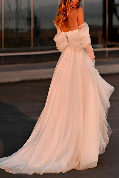 Off-Shoulder Tulle A-Line Beach Wedding Dress With Slit