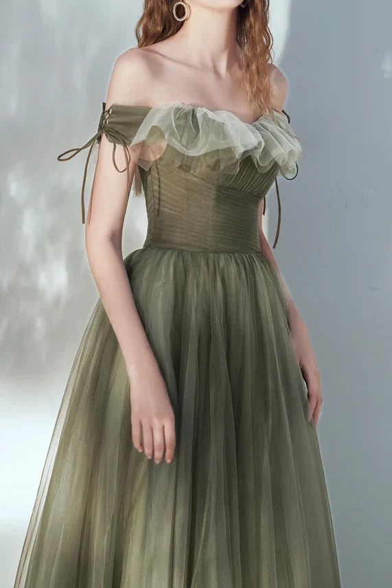 Off-Shoulder Tulle A-Line Empire Long Bridesmaid Dress