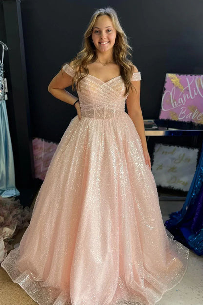 Off-Shoulder Tulle A-Line Empire Sparkly Party Prom Dress