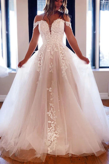 Off-Shoulder Tulle A-Line Wedding Dress With Appliques