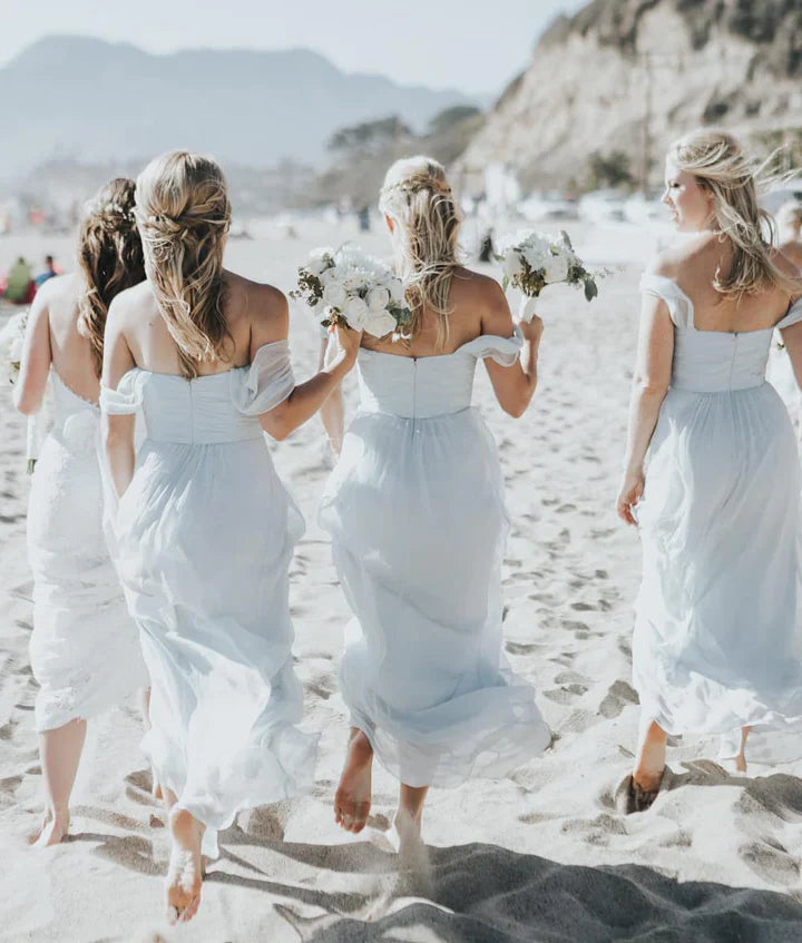 Blue Off-The-Shoulder Floor Length Backless Sleeveless Chiffon Bridesmaid Dresses SH2550