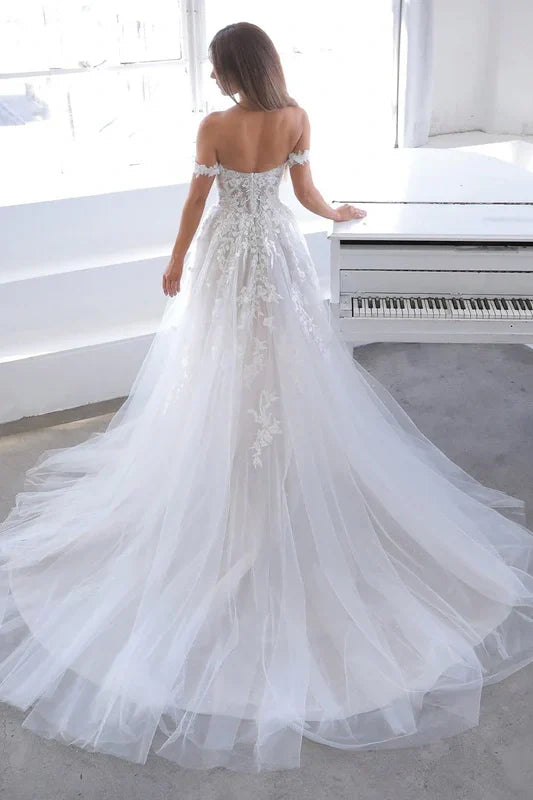 Off Shoulder Lace A-Line Appliques Wedding Dress With Tulle Train