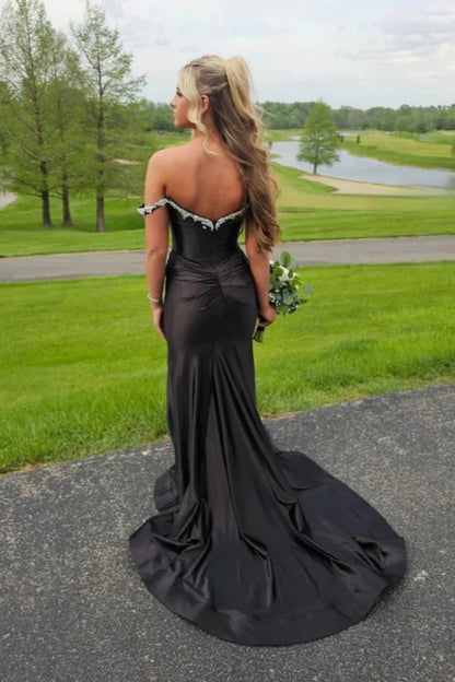Off-Shoulder Beaded Satin Trumpet With Side Slit Prom Dress