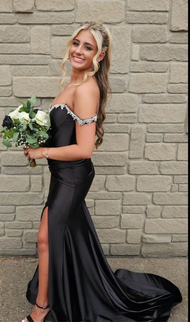 Off-Shoulder Beaded Satin Trumpet With Side Slit Prom Dress