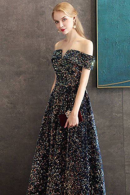 Sequin Off-Shoulder A-Line Empire Party Prom Dress
