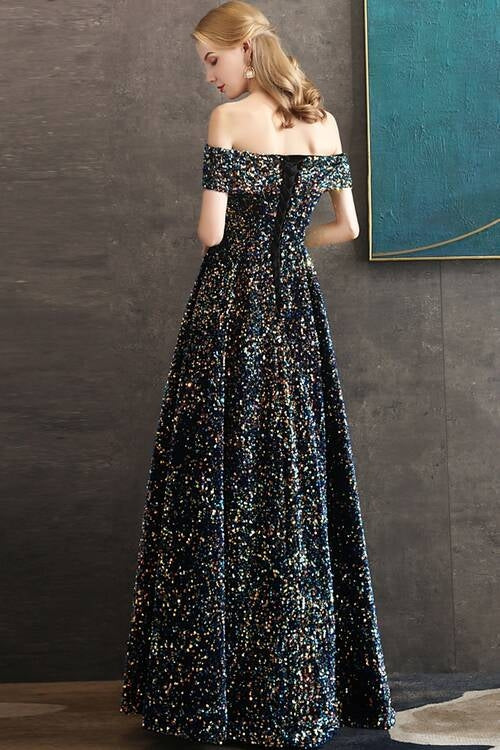 Sequin Off-Shoulder A-Line Empire Party Prom Dress