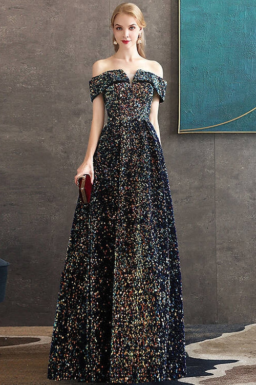 Sequin Off-Shoulder A-Line Empire Party Prom Dress