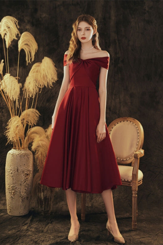 Burgundy Satin A-Line Empire Off-Shoulder Party Prom Dress
