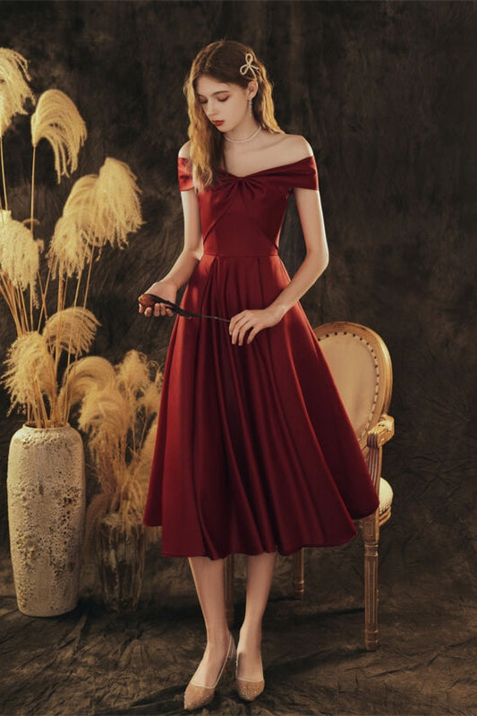 Burgundy Satin A-Line Empire Off-Shoulder Party Prom Dress