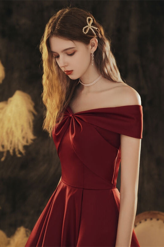 Burgundy Satin A-Line Empire Off-Shoulder Party Prom Dress