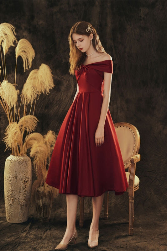 Burgundy Satin A-Line Empire Off-Shoulder Party Prom Dress