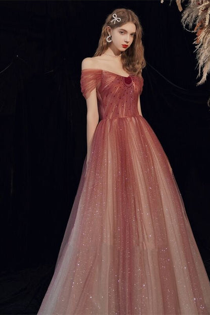Tulle A-Line Off-Shoulder Empire Long Party Prom Dress