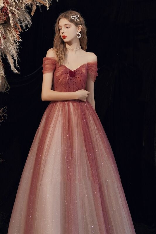 Tulle A-Line Off-Shoulder Empire Long Party Prom Dress
