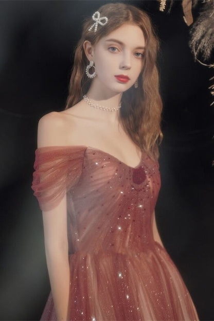 Tulle A-Line Off-Shoulder Empire Long Party Prom Dress