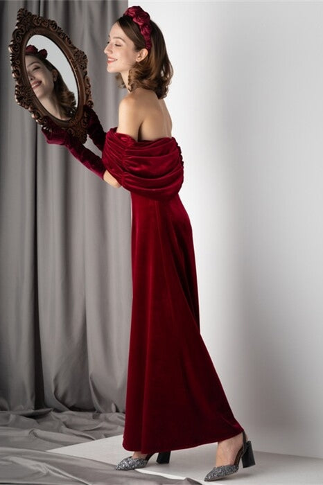 Off the Shoulder Empire A-Line Burgundy Velvet Party Prom Dress