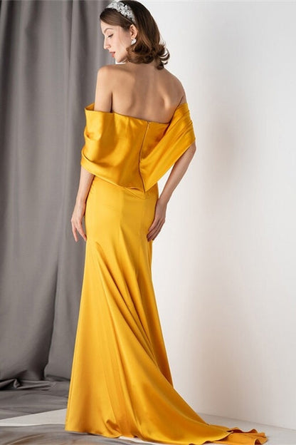 Yellow Satin Mermaid Off-Shoulder Party Prom Dress With Train