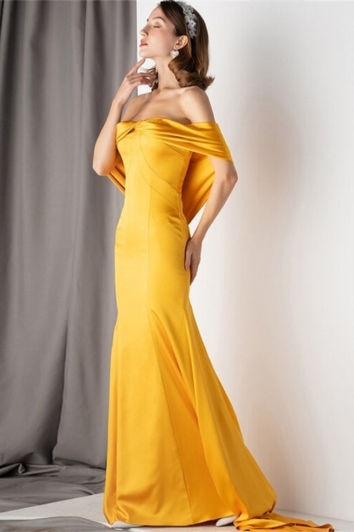 Yellow Satin Mermaid Off-Shoulder Party Prom Dress With Train