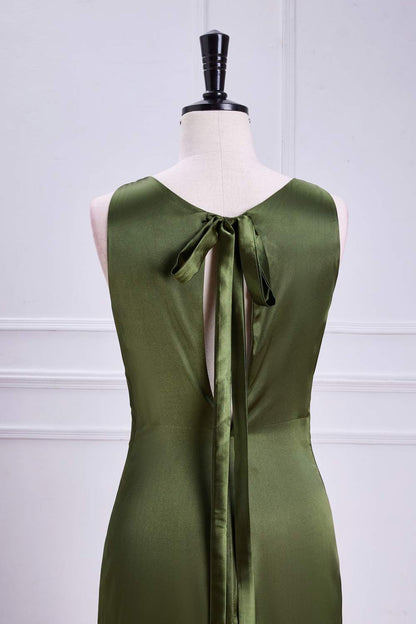 Olive Sleeveless Mermaid Satin Bow Tie Calf-Length Bridesmaid Dress