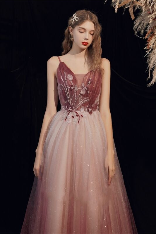 Bateau Open Back Tulle A-Line Empire Appliques Party Prom Dress
