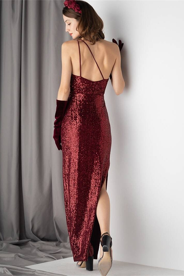One Shoulder Burgundy Sequined Dress