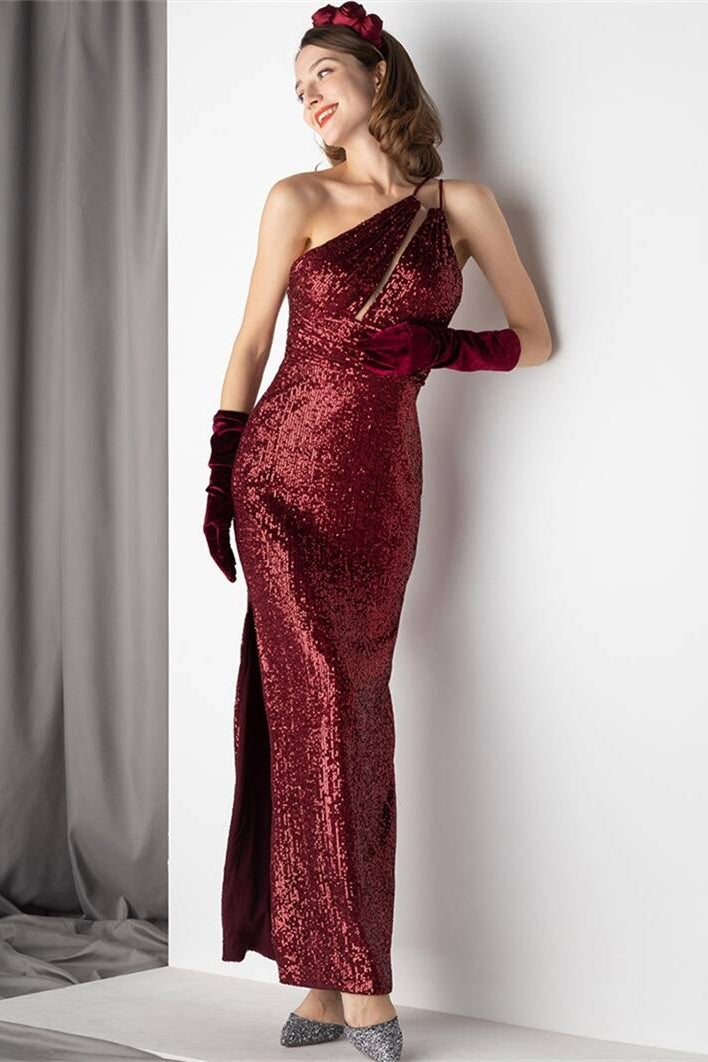 One Shoulder Burgundy Sequined Dress