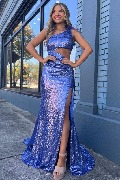 One Shoulder Empire With Side Slit Fully Sequins Prom Dress