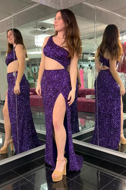 One Shoulder Illusion Empire Long Sequins Party Prom Dress