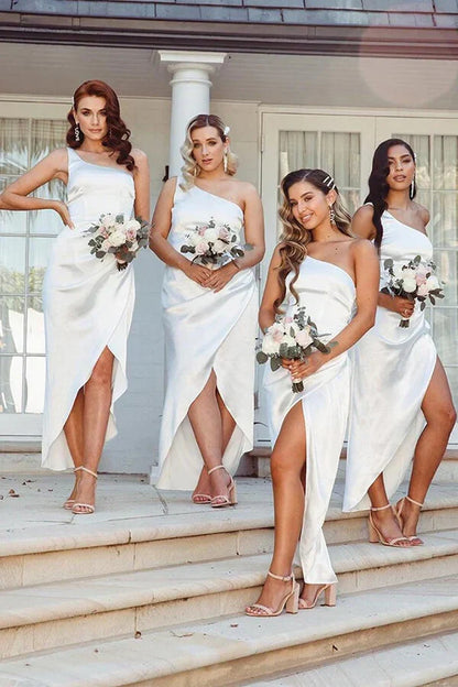 One Shoulder Pleated Empire Satin White Bridesmid Dress