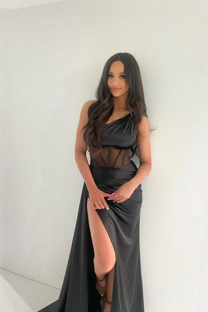 One Shoulder Satin Fitted With Side Slit Prom Dress