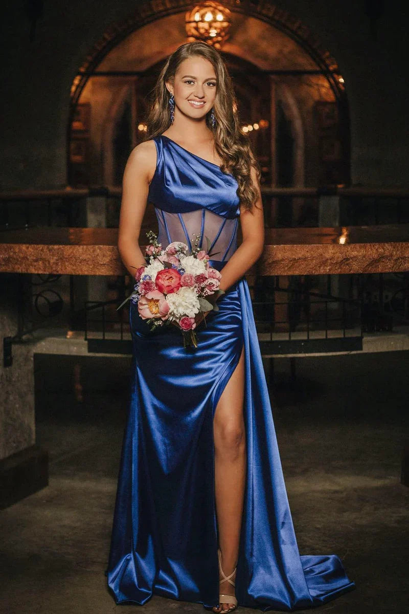 One Shoulder Satin Fitted With Side Slit Prom Dress