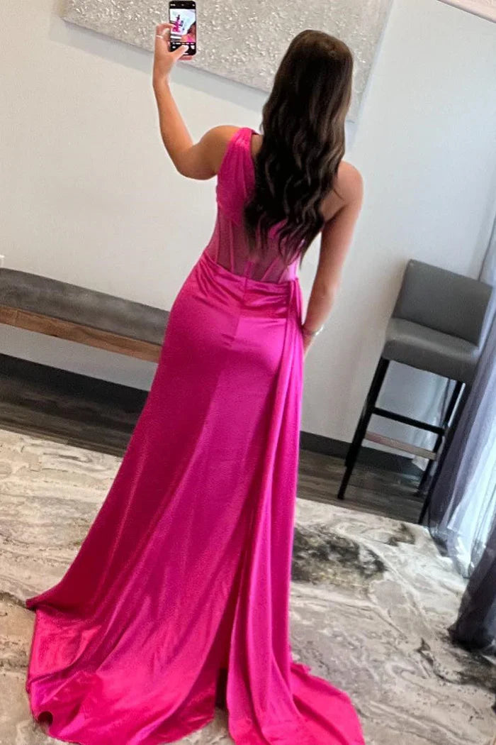 One Shoulder Satin Fitted With Side Slit Prom Dress