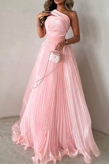 One Shoulder Sleeveless Empire Pleated Party Prom Dress