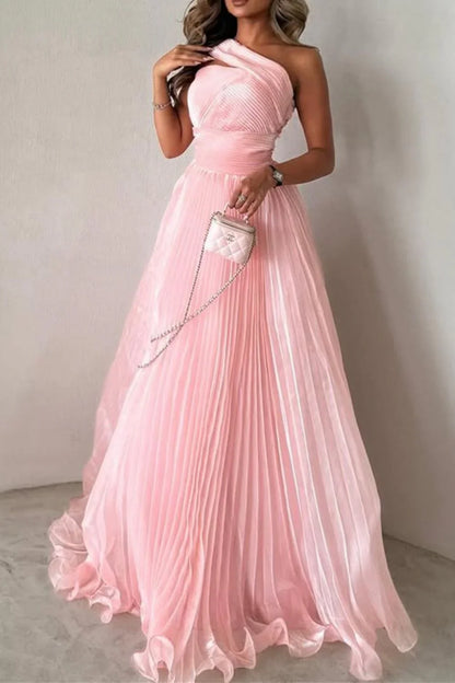 One Shoulder Sleeveless Empire Pleated Party Prom Dress