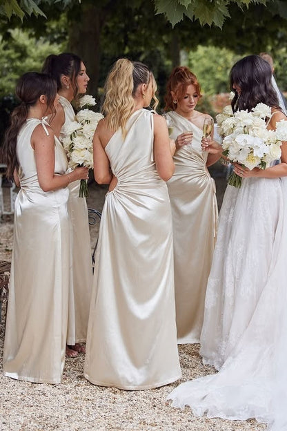 One Shoulder Sleeveless Ruched Empire Long Bridesmaid Dress