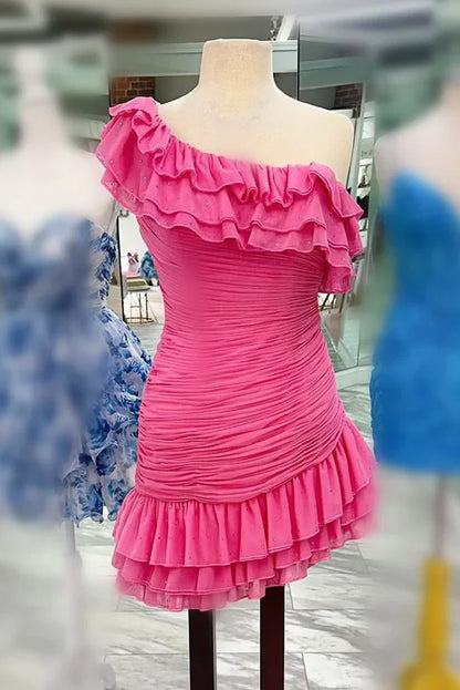 One Shoulder Sleeveless Ruffle Empire Short Homecoming Dress