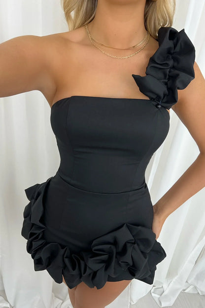 One Shoulder Sleeveless Satin Empire Homecoming Party Dress