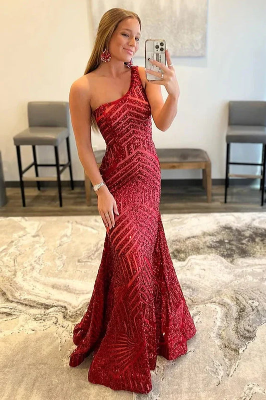 One Shoulder Sleeveless Sparkly Mermaid Party Prom Dress
