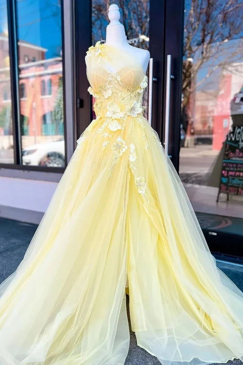 One Shoulder Sleeveless Tulle A-Line Floral Appliques Party Prom Dress