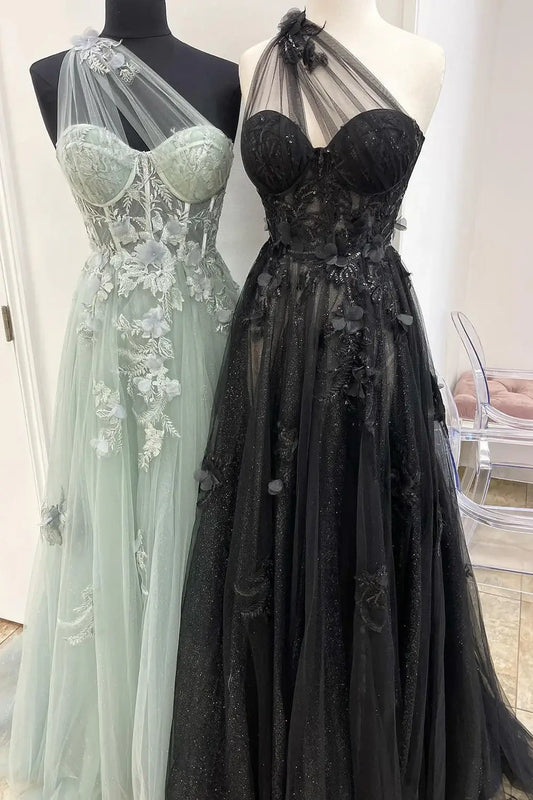 One Shoulder Sleeveless Tulle A-Line Florals Appliques Party Prom Dress