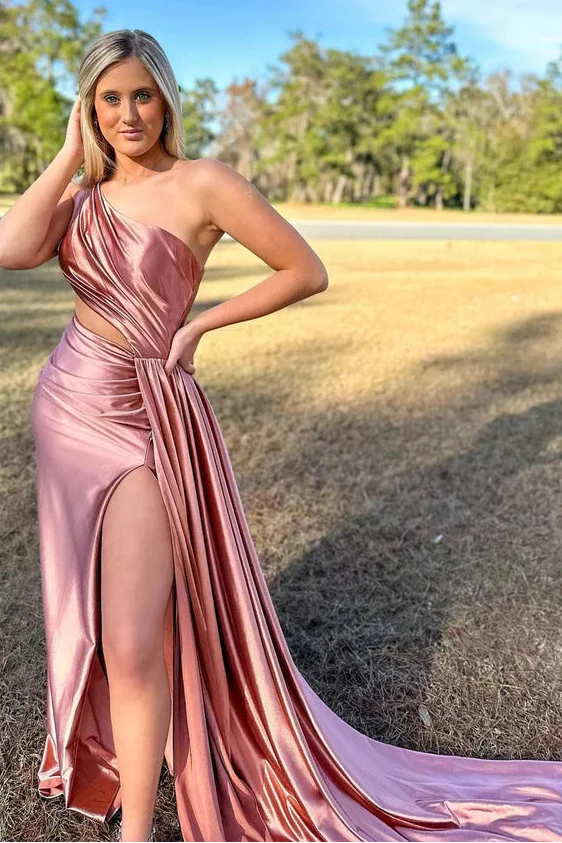 One Shoulder Sleeveless With Train Satin Fitted Prom Dress
