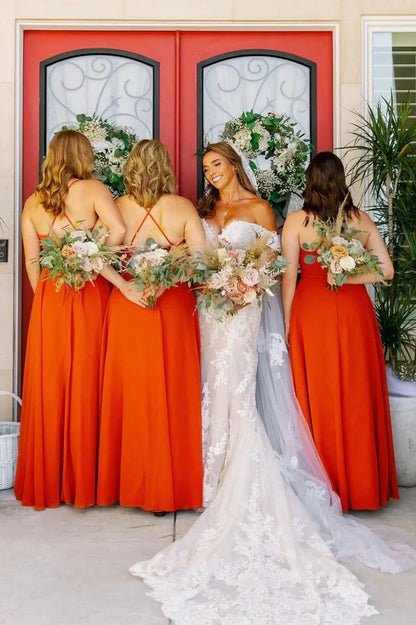 Orange Sweetheart Spaghetti Straps Chiffon Bridesmaid Dress