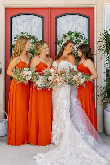 Orange Sweetheart Spaghetti Straps Chiffon Bridesmaid Dress