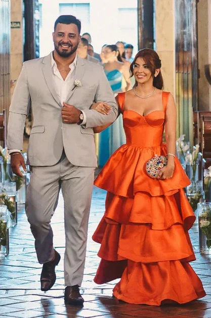 Orange Sweetheart Straps Satin A-Line Tiered Party Prom Dress