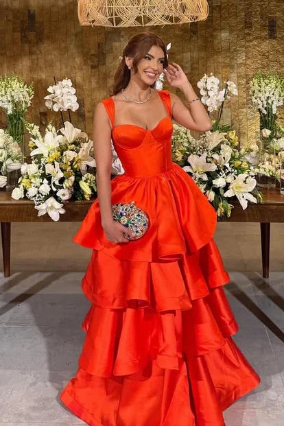 Orange Sweetheart Straps Satin A-Line Tiered Party Prom Dress