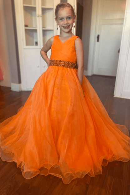 Orange Tulle A-Line V-Neck Beaded Girl Pageant Dress