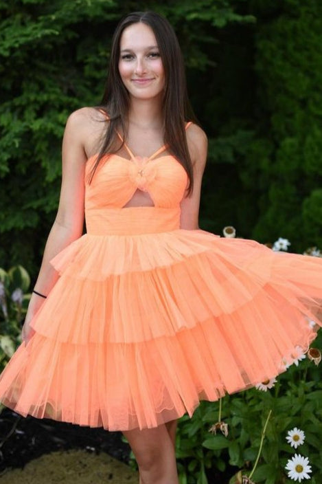 Orange Spaghetti Straps A Line Tiered Ruffles Homecoming Dress