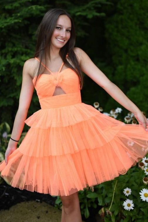 Orange Spaghetti Straps A Line Tiered Ruffles Homecoming Dress