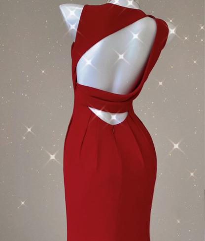 Classy Mermaid Jewel Red Satin Slit Evening Dress Long Prom Dresses P0021