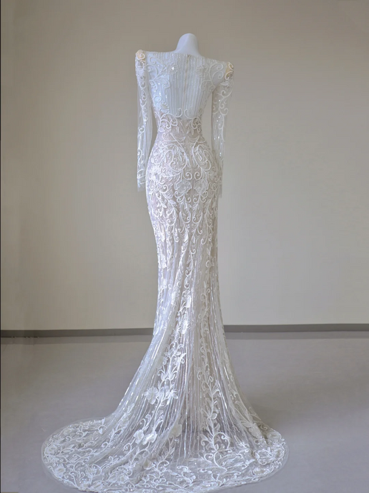 Unique Mermaid V Neckline White Lace Long Sleeves Wedding Dresses Brides Dress P0023